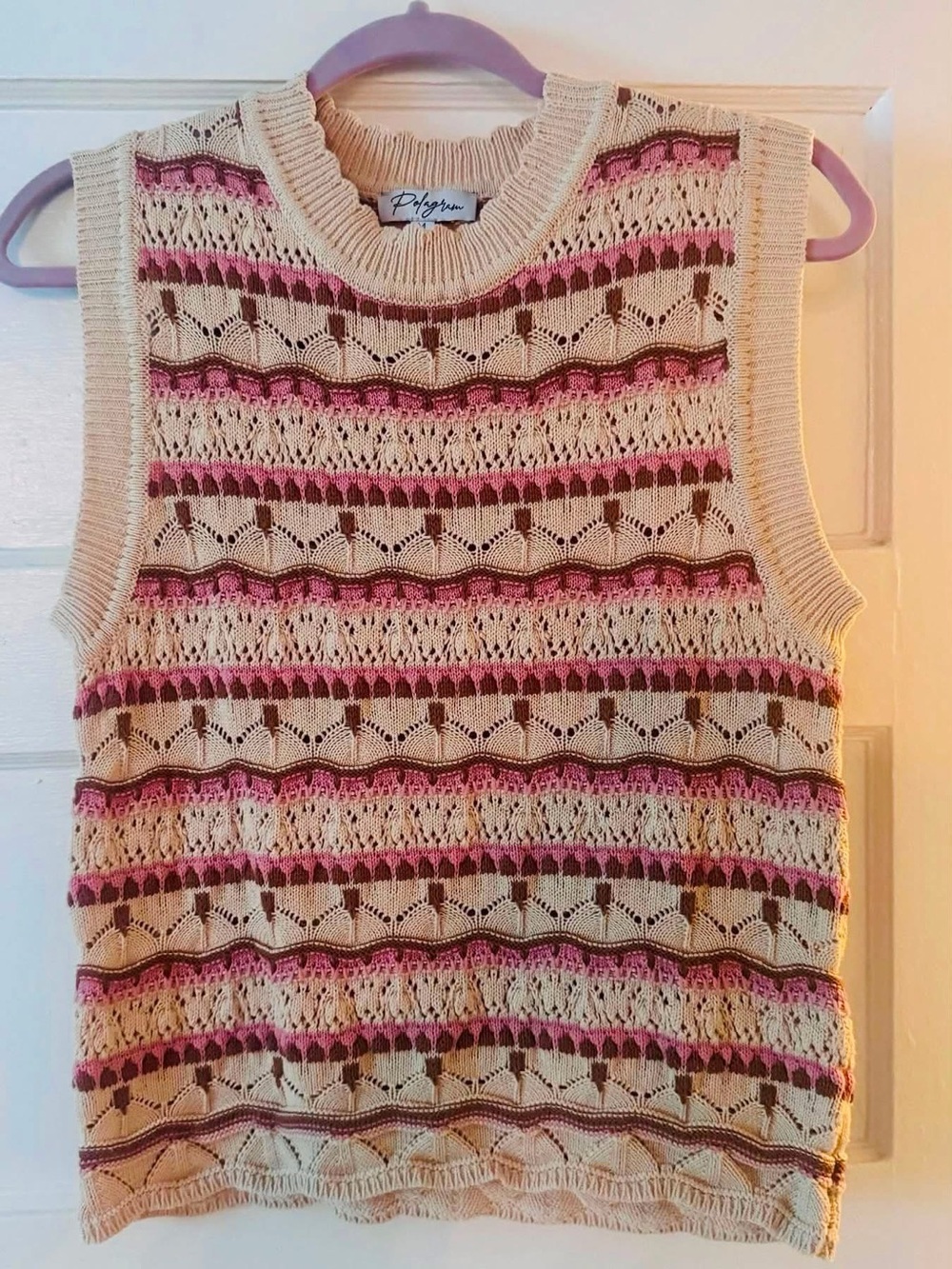 Polagram Cream and Pink Knit Sleeveless Sweater Vest - Picture 2 of 3